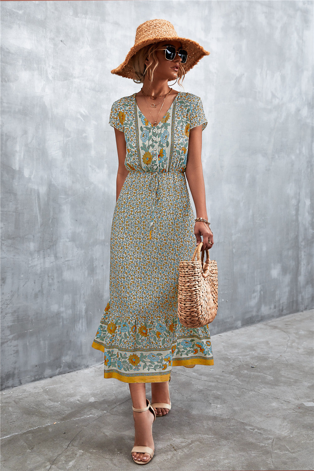 V-Neck Short Sleeve Printed Maxi Dress 