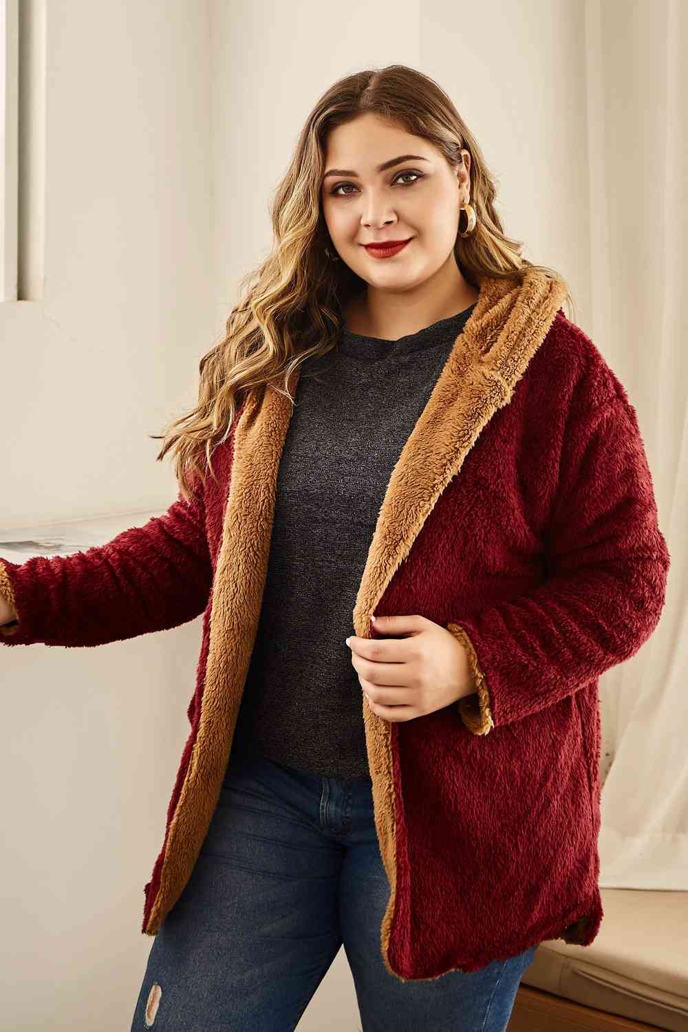 Hanny Plus Size Hooded Longline Teddy Jacket 