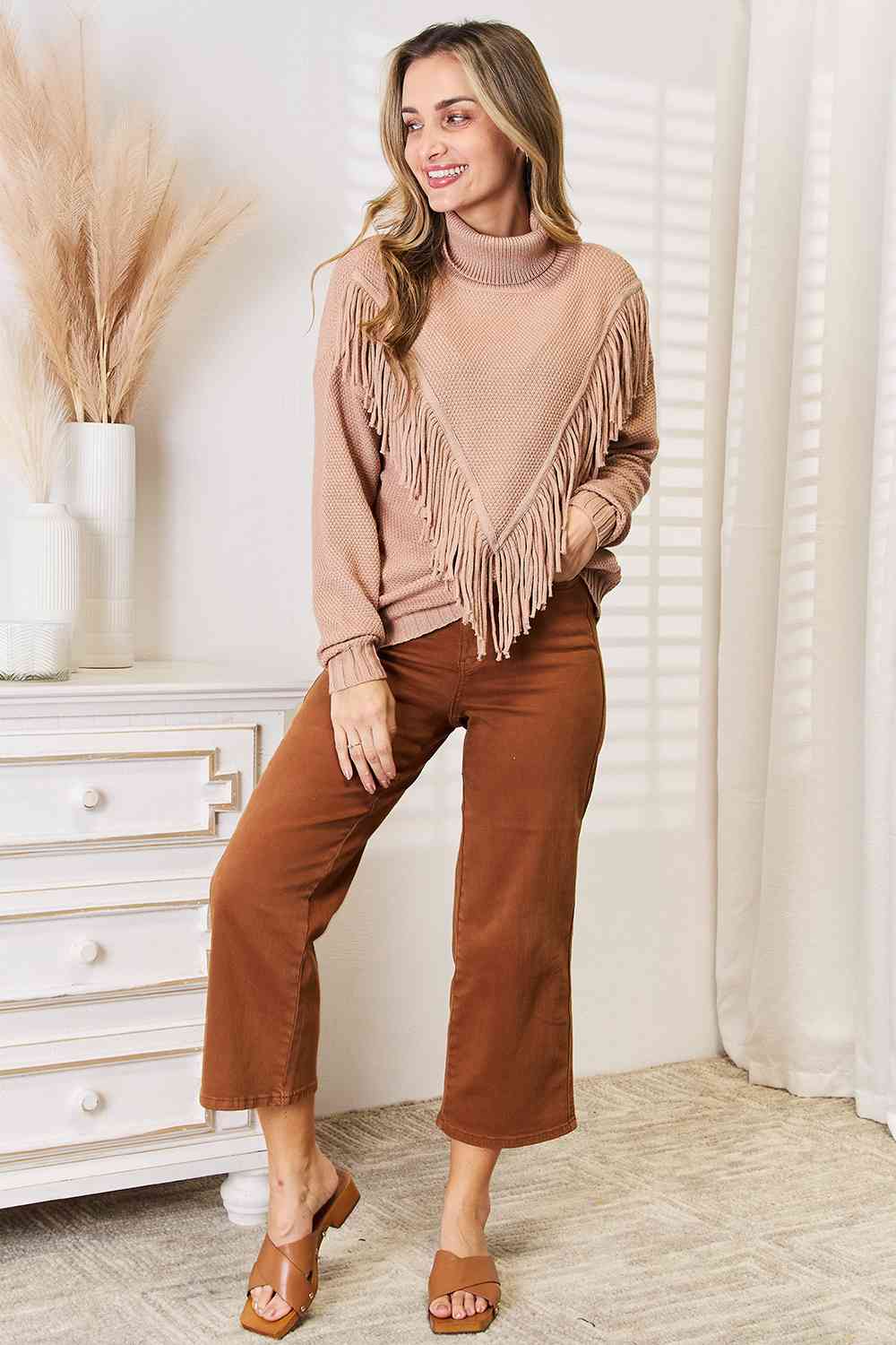 Woven Right Turtleneck Fringe Front Long Sleeve Sweater 