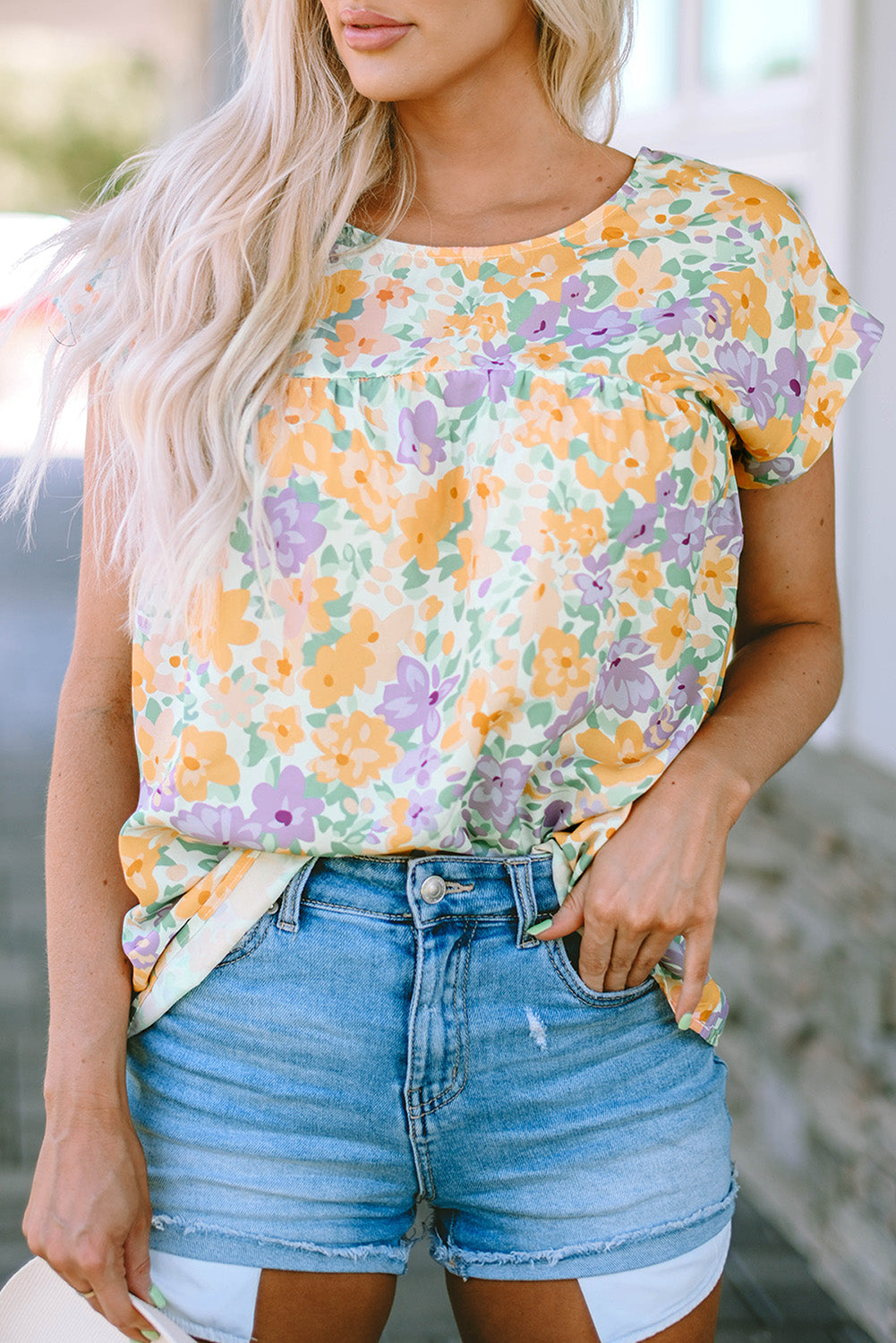 Printed Round Neck Cap Sleeve Blouse - Babbazon Camisole