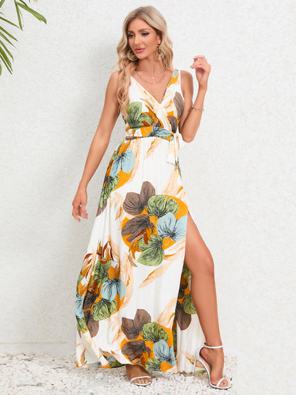 Slit Tied Printed Surplice Dress 