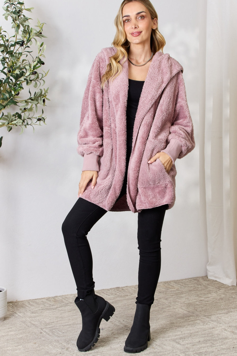 H&T Faux Fur Open Front Hooded Jacket 