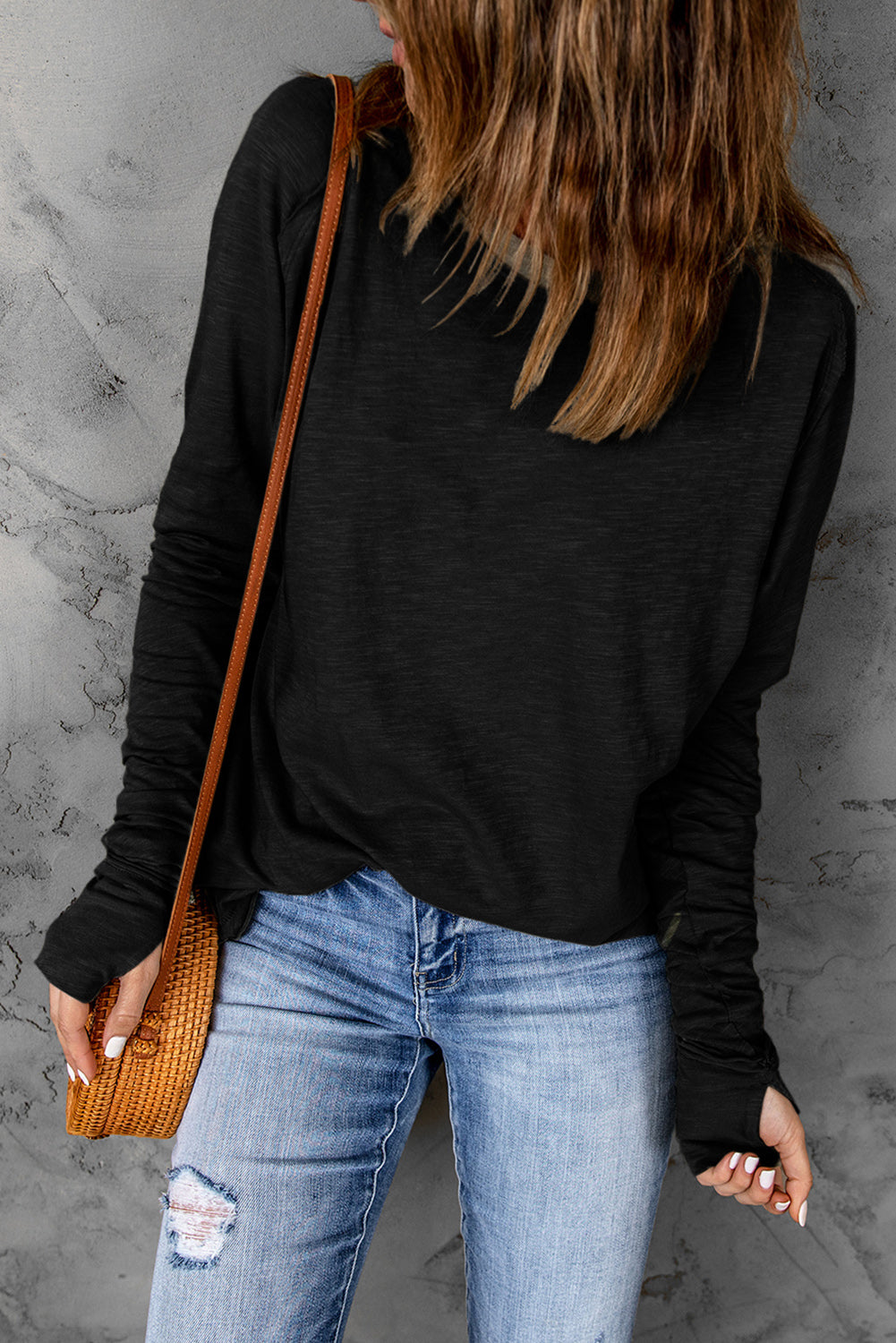 Thumbhole Long Sleeve Round Neck Top 