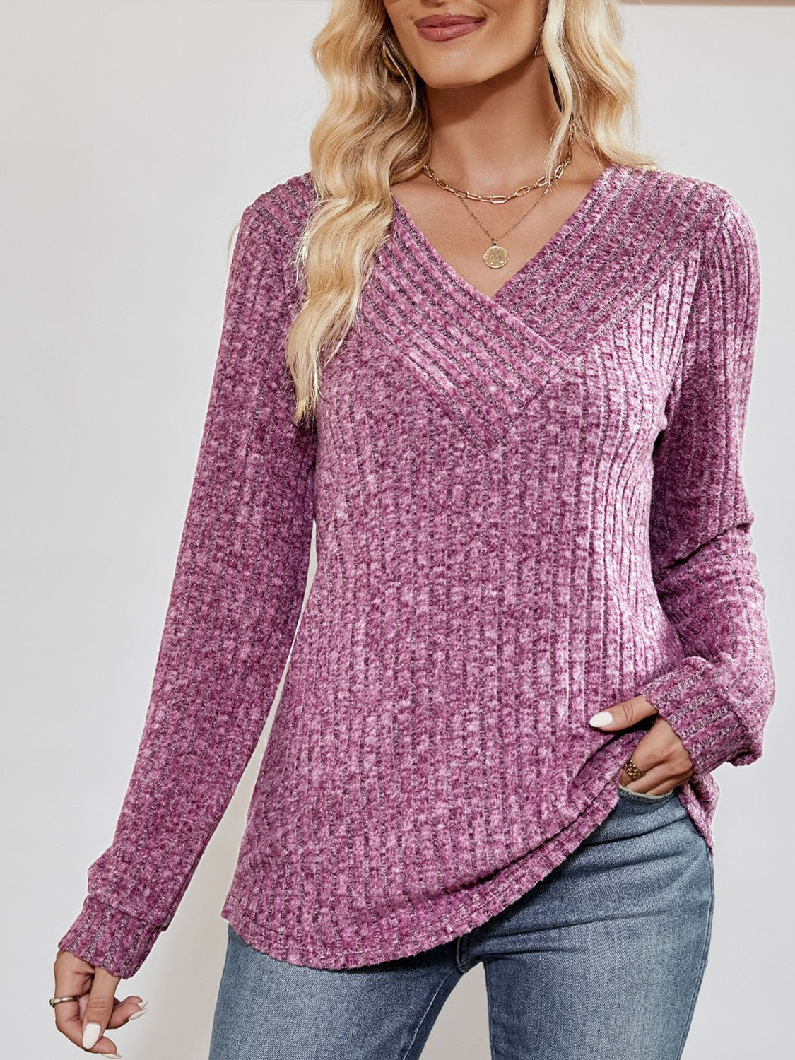 V-Neck Ribbed Long Sleeve Top 