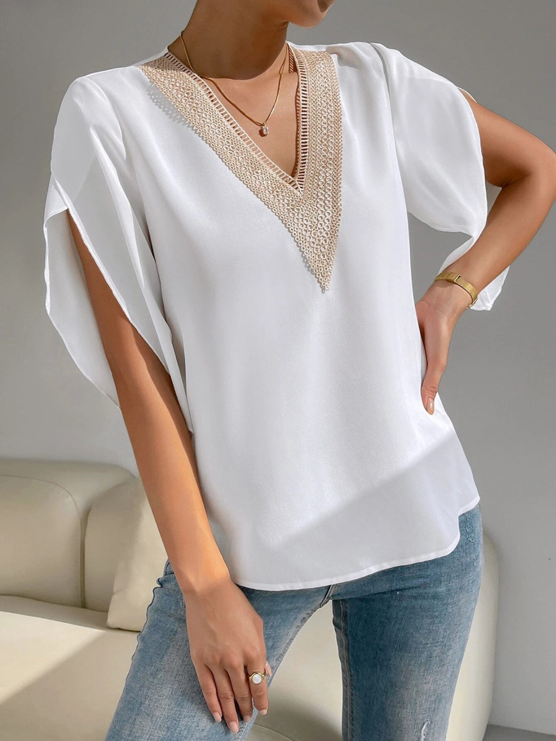 V-Neck Short Sleeve Blouse 