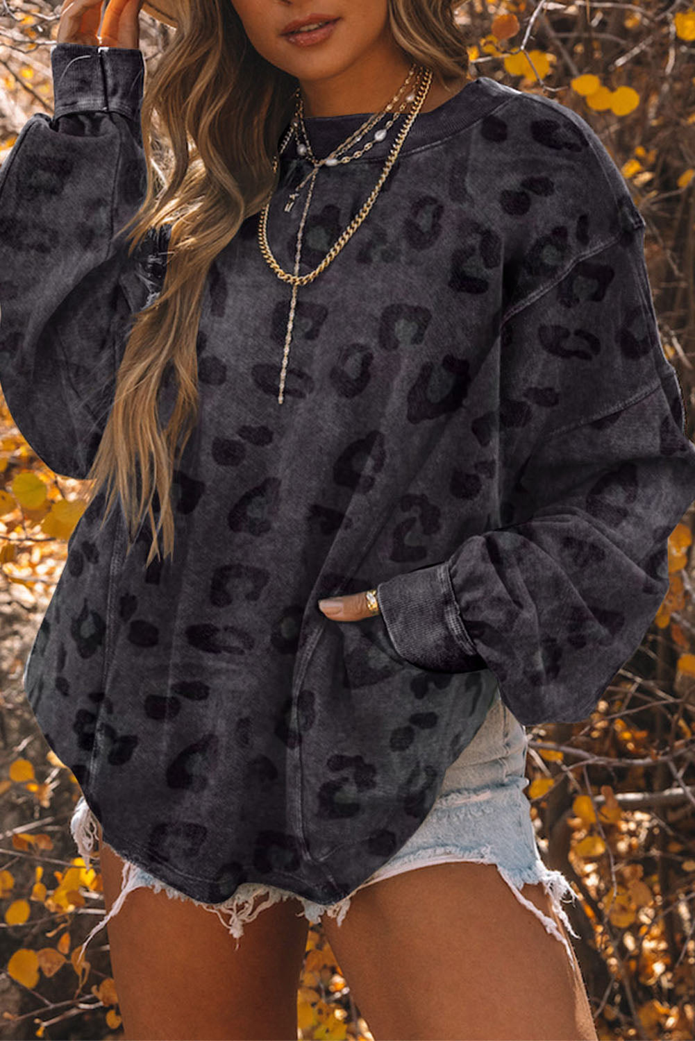 Leopard Round Neck Dropped Shoulder Sweatshirt 