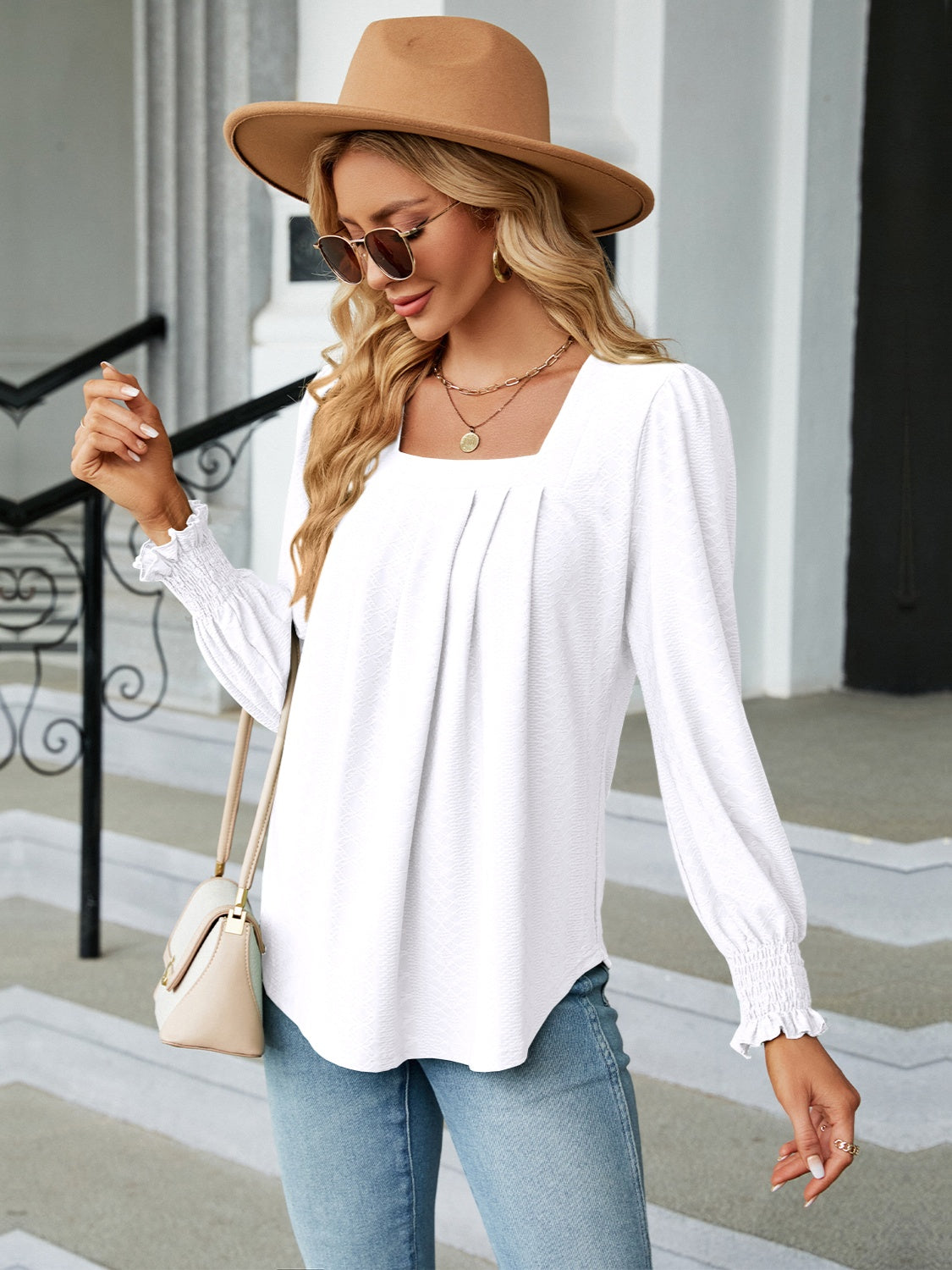 Ruched Square Neck Lantern Sleeve Blouse 