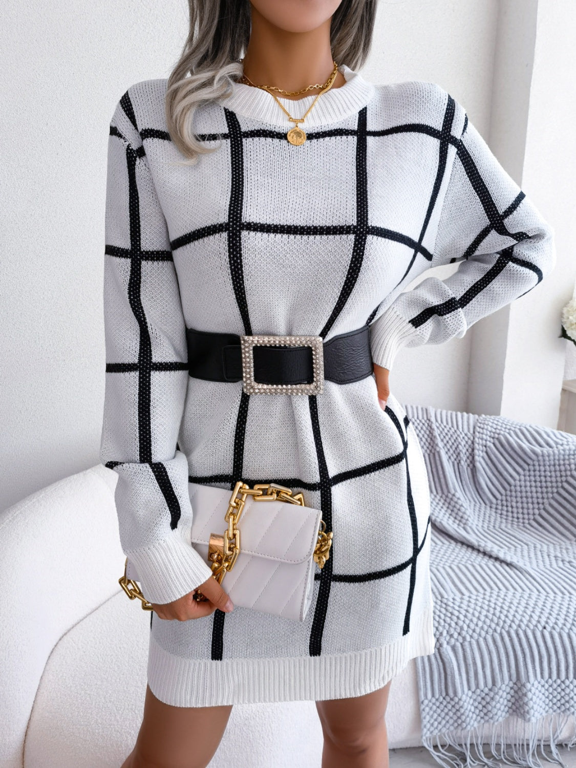 Plaid Round Neck Dropped Shoulder Sweater Dress 