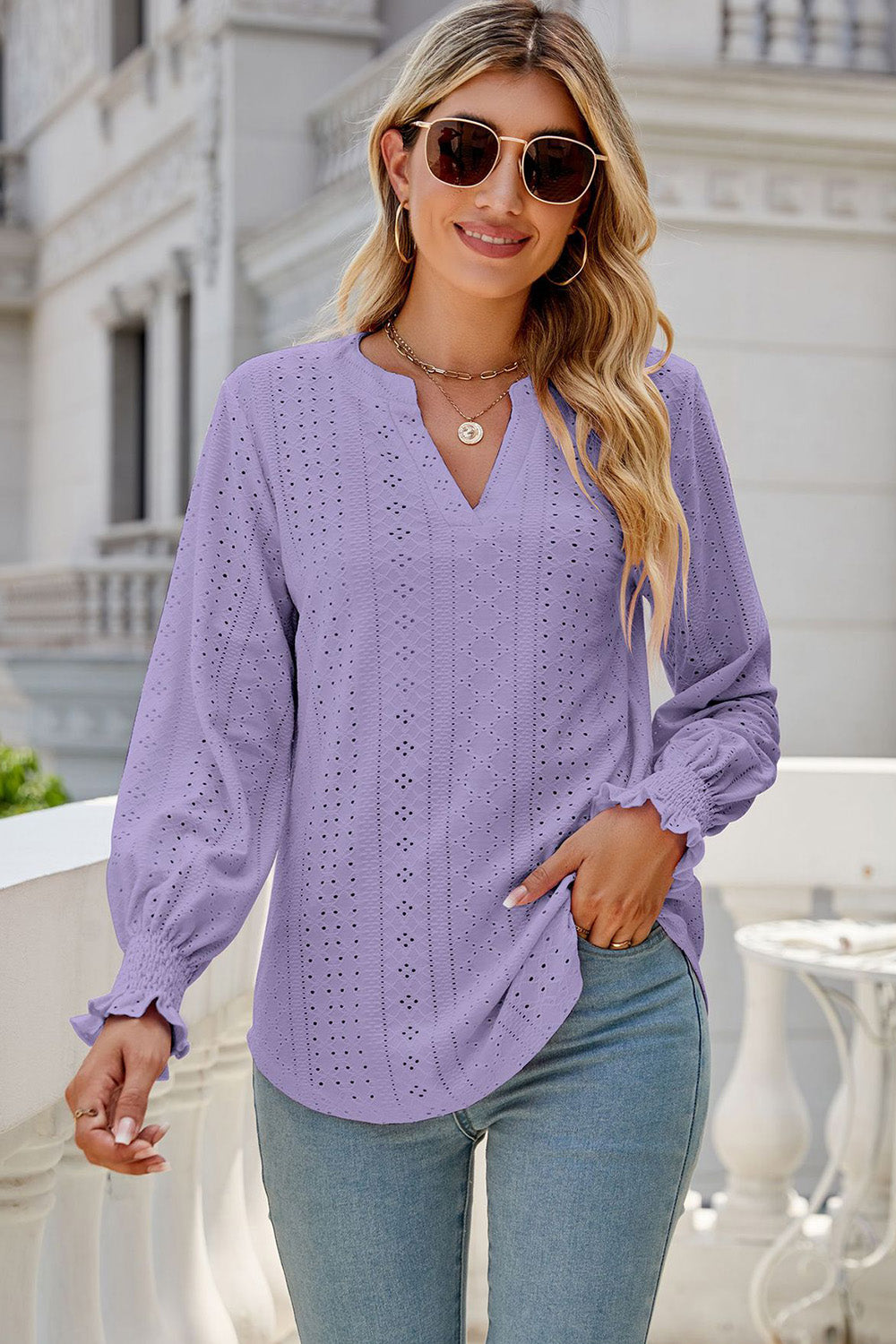 Eyelet Notched Lantern Sleeve T-Shirt