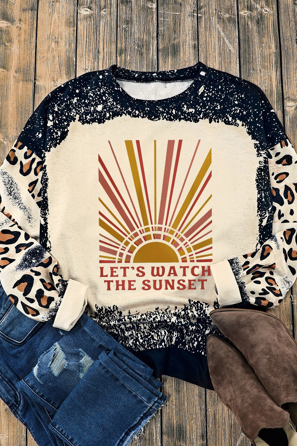 LET'S WATCH THE SUNSET Leopard Round Neck Sweatshirt 