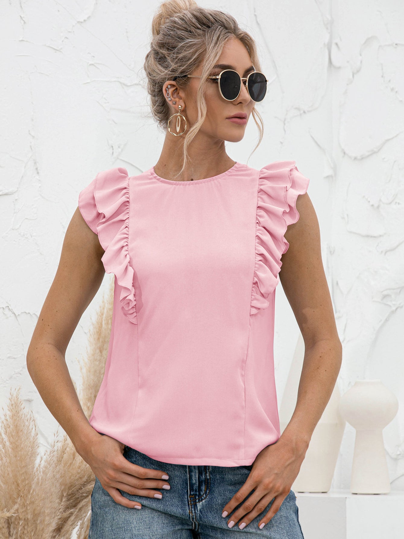 Round Neck Tied Open Back Flutter Sleeve Top 