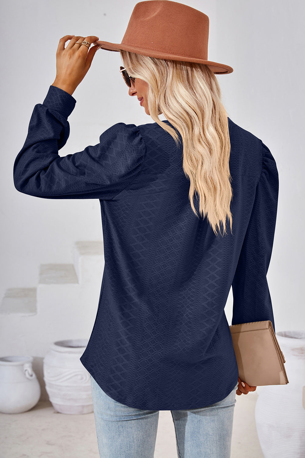 Ruched Notched Long Sleeve T-Shirt 