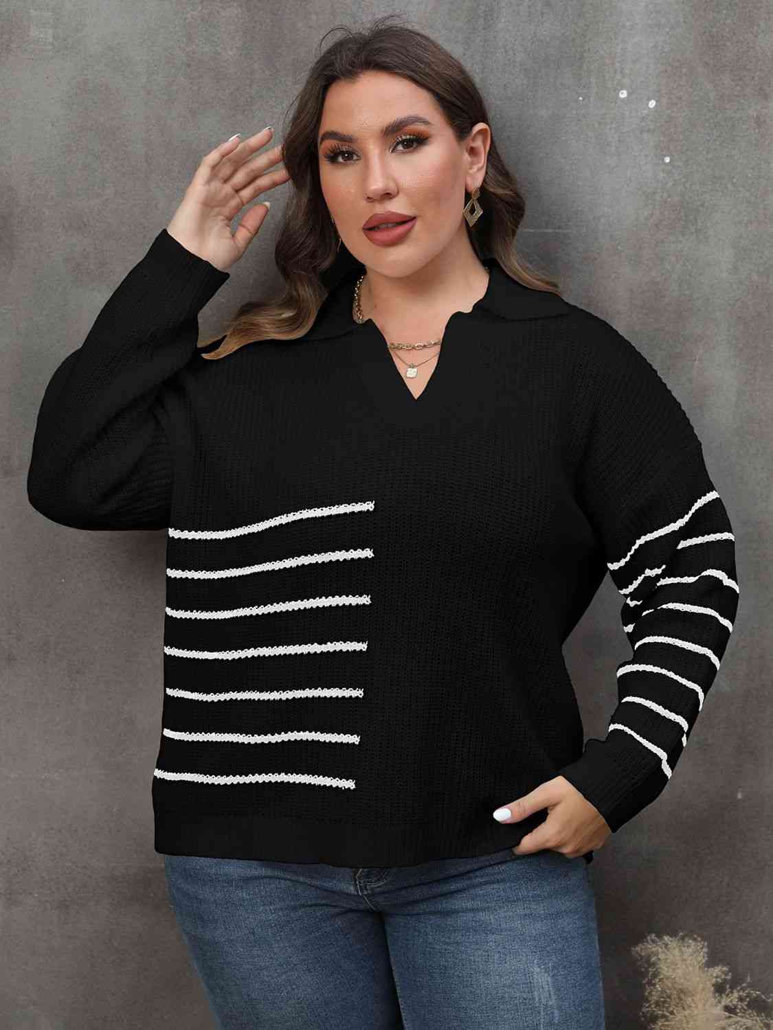 Plus Size Striped V-Neck Sweater 