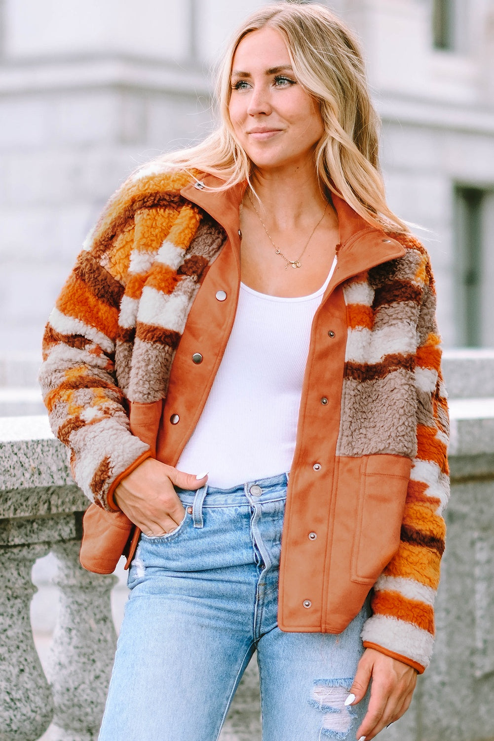 Fuzzy Contrast Snap Down Long Sleeve Jacket 