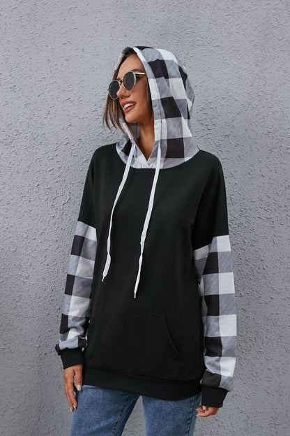 Plaid Drawstring Dropped Shoulder Hoodie 