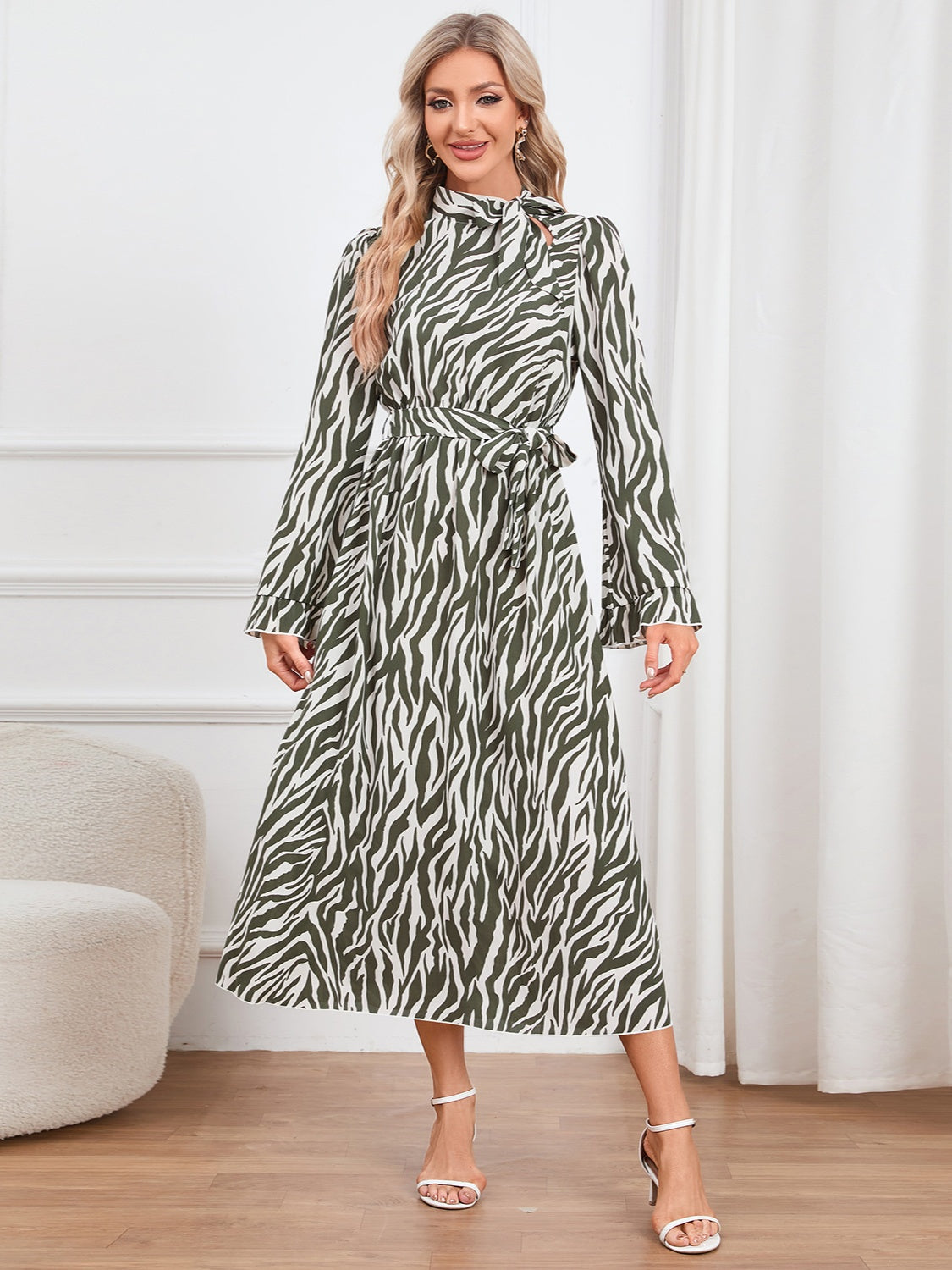 Animal Print Tie Front Ruffle Trim Dress 