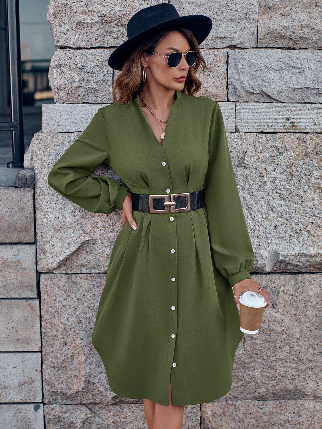 Notched Neck Long Sleeve Dress 