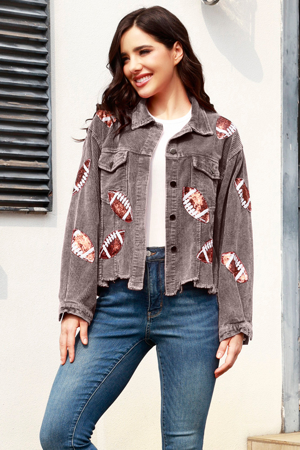 Football Sequin Raw Hem Collared Neck Jacket 