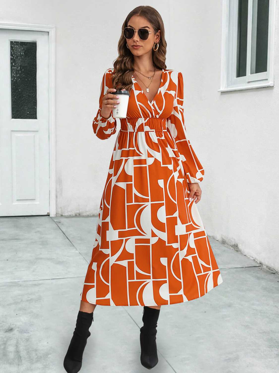 Surplice Neck Long Sleeve Midi Dress 