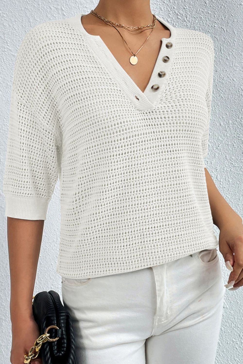 Openwork Half Button Dropped Shoulder Knit Top 