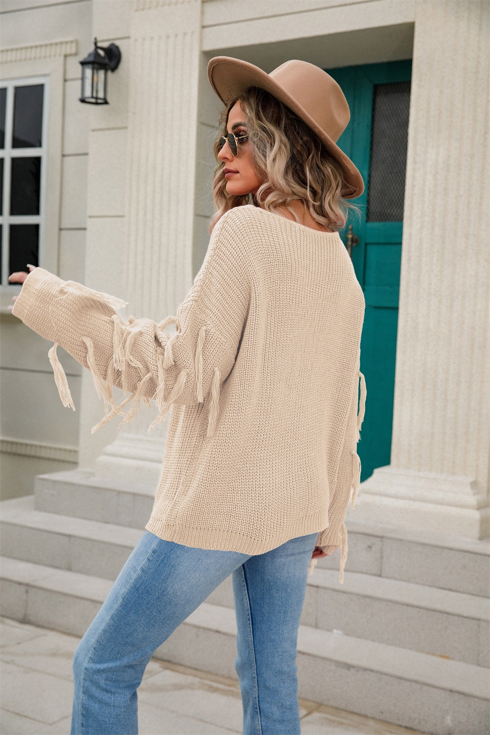 Fringe Round Neck Dropped Shoulder Sweater 