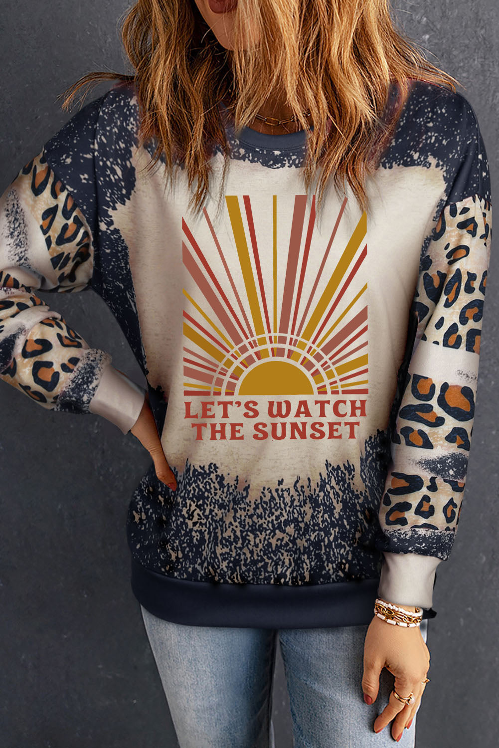 LET'S WATCH THE SUNSET Leopard Round Neck Sweatshirt 