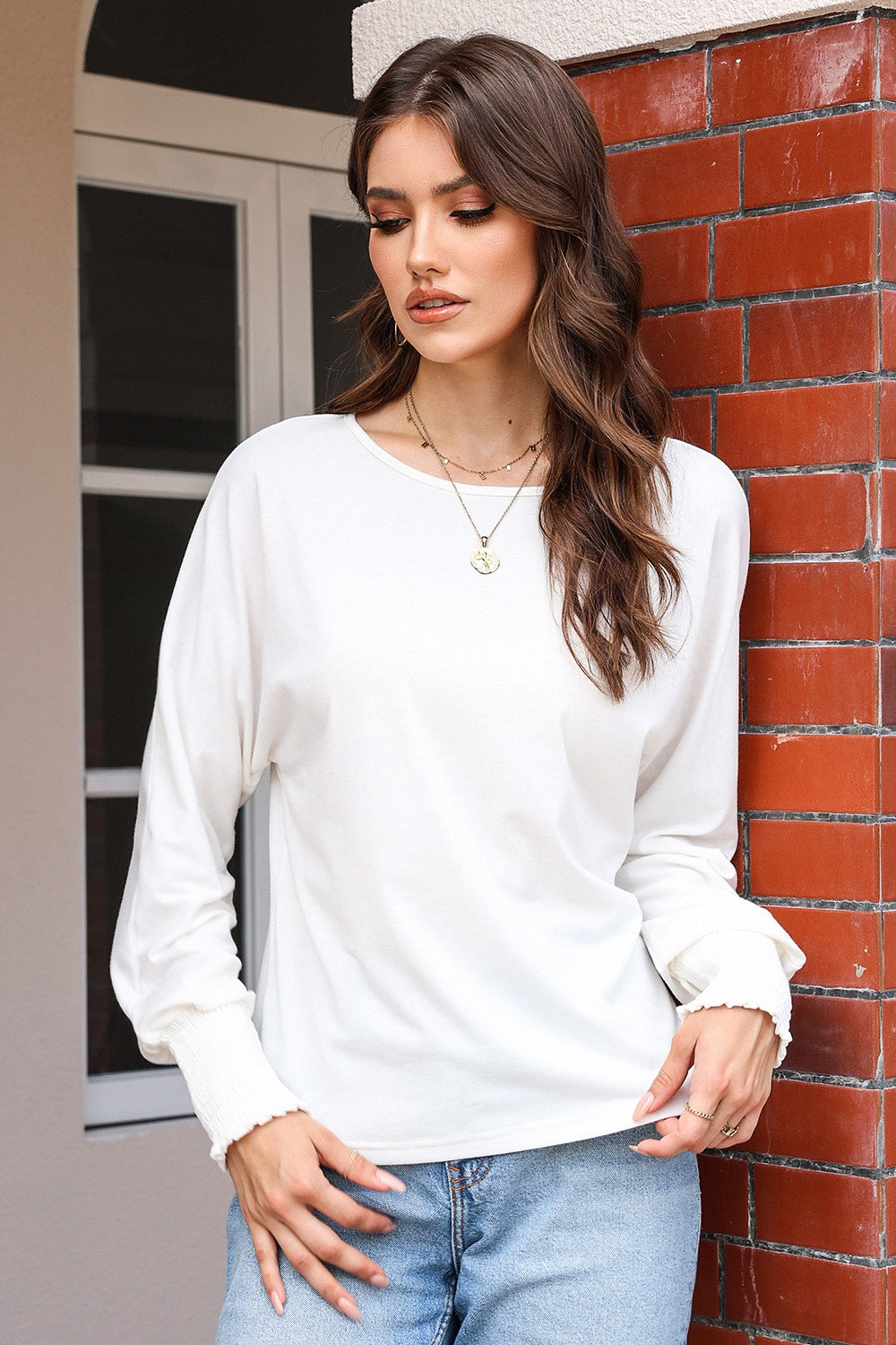 Round Neck Smocked Long Sleeve Blouse 