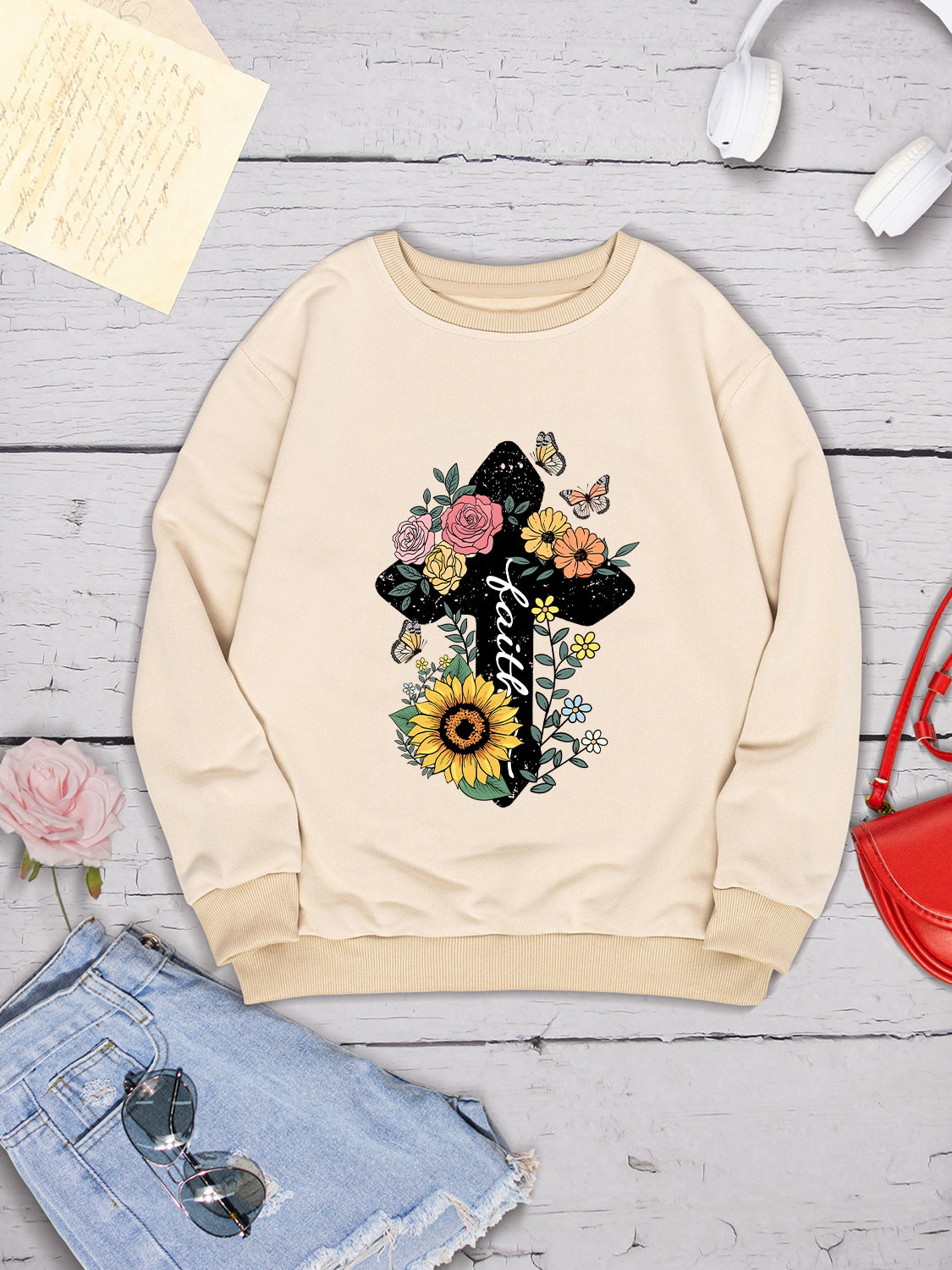 Graphic Round Neck Dropped Shoulder Sweatshirt 