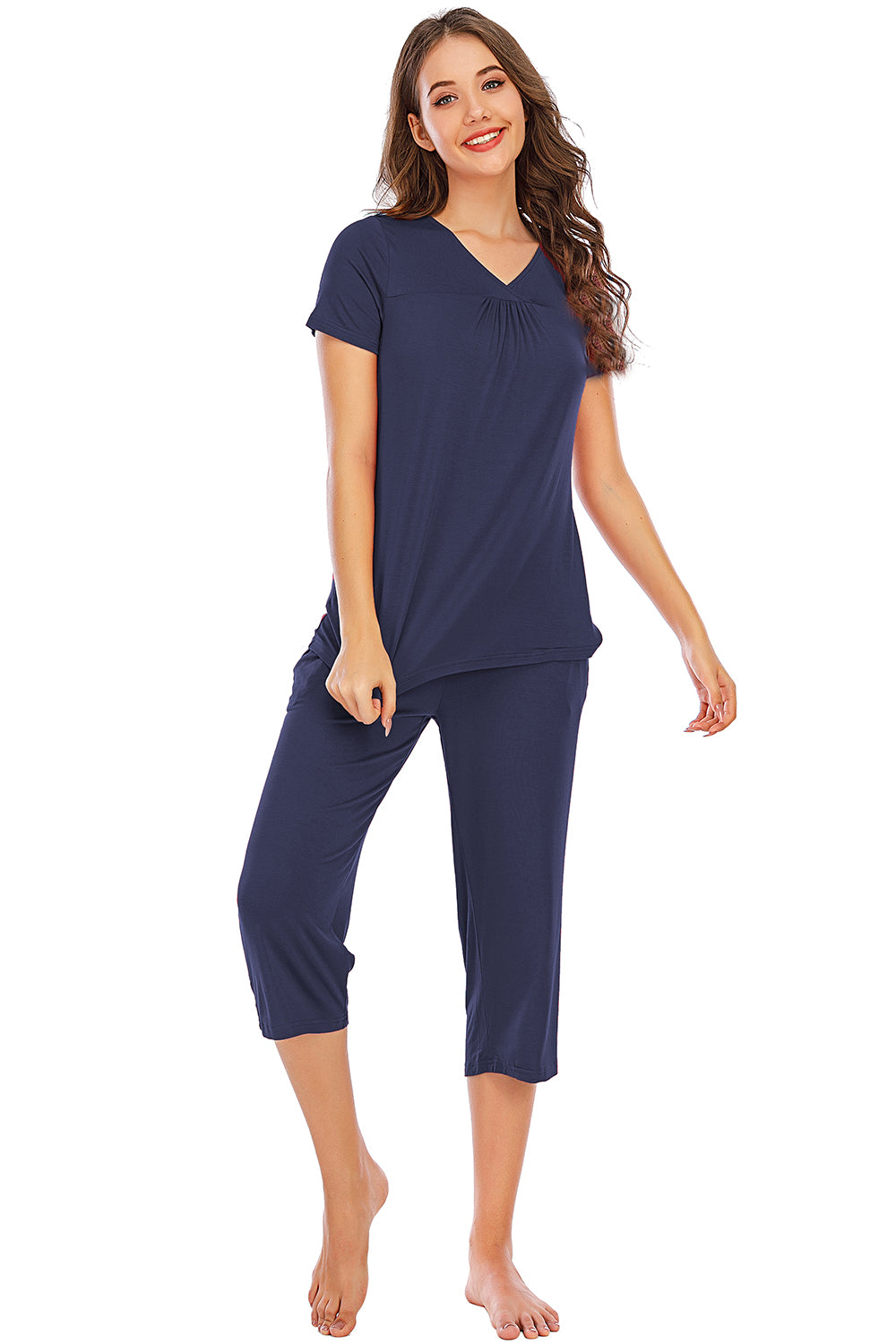 V-Neck Short Sleeve Top and Pants Lounge Set 