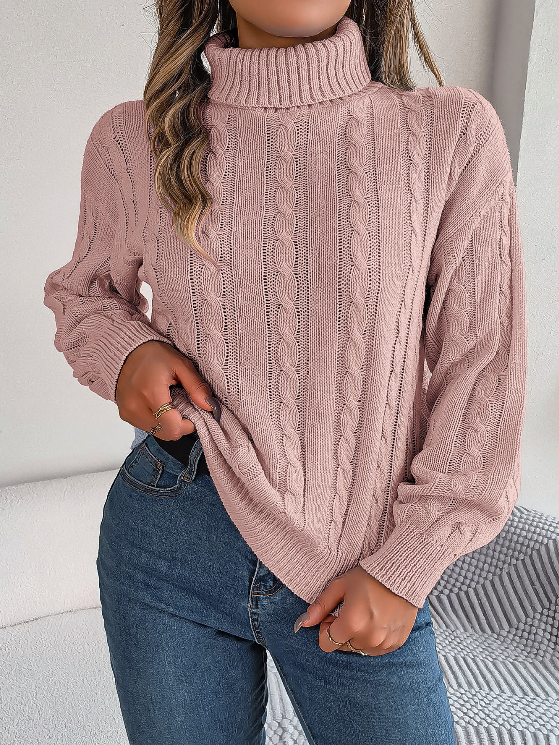 Cable-Knit Turtleneck Dropped Shoulder Sweater 