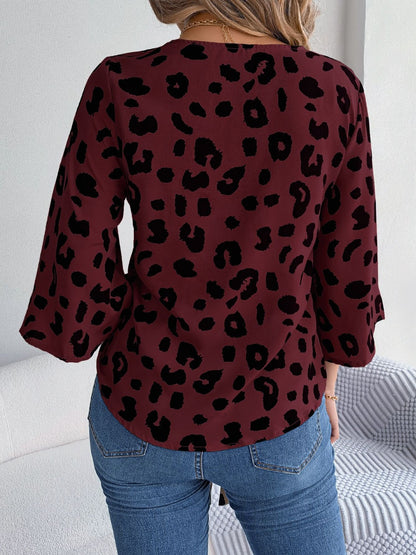 Tied Button Up Leopard V-Neck Blouse