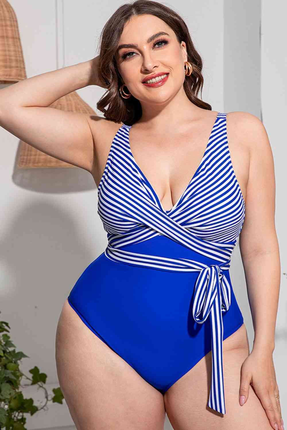 Plus Size Striped Tie-Waist One-Piece Swimsuit - Babbazon Jumper