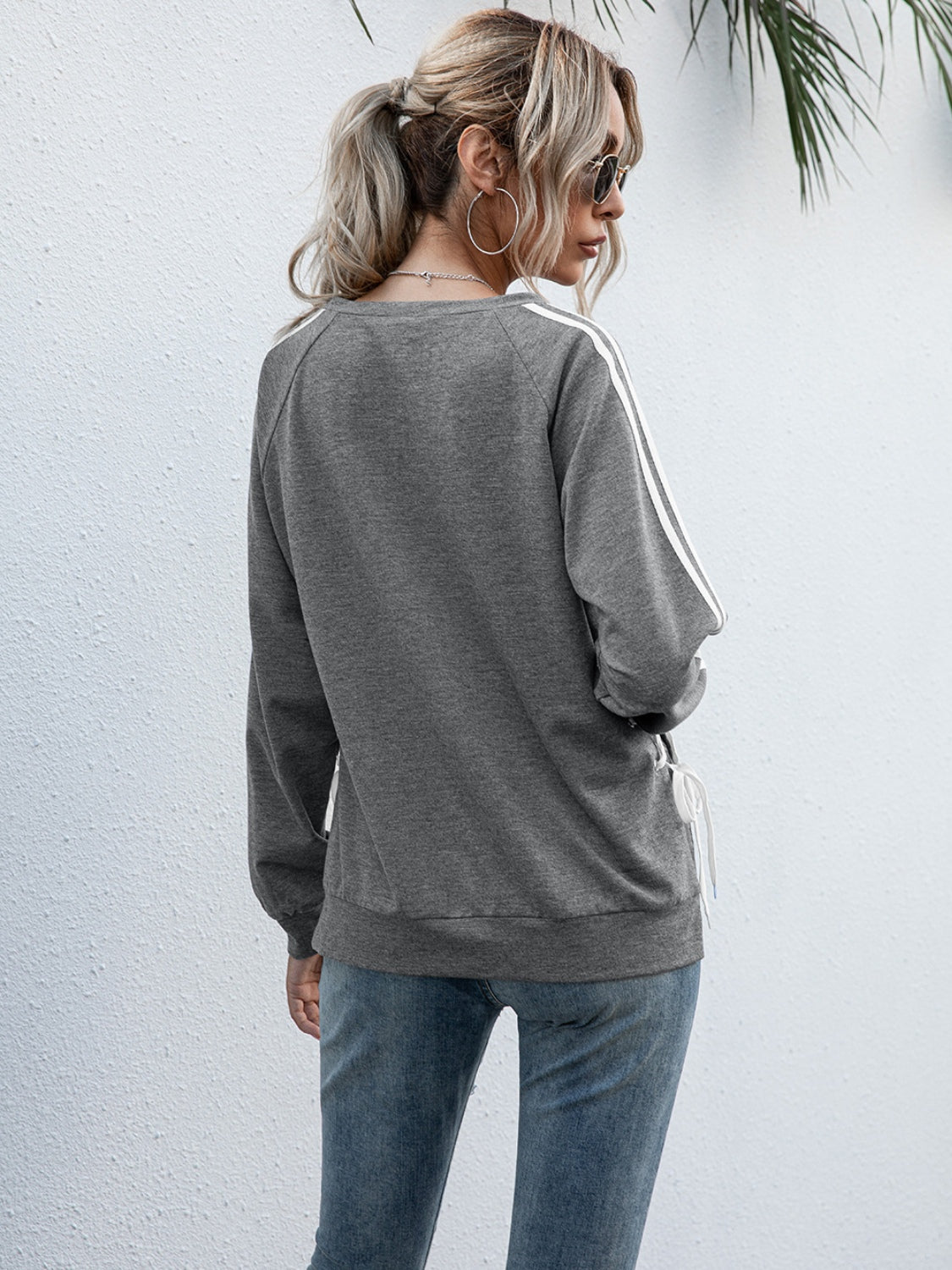 Lace-Up Round Neck Long Sleeve Sweatshirt 