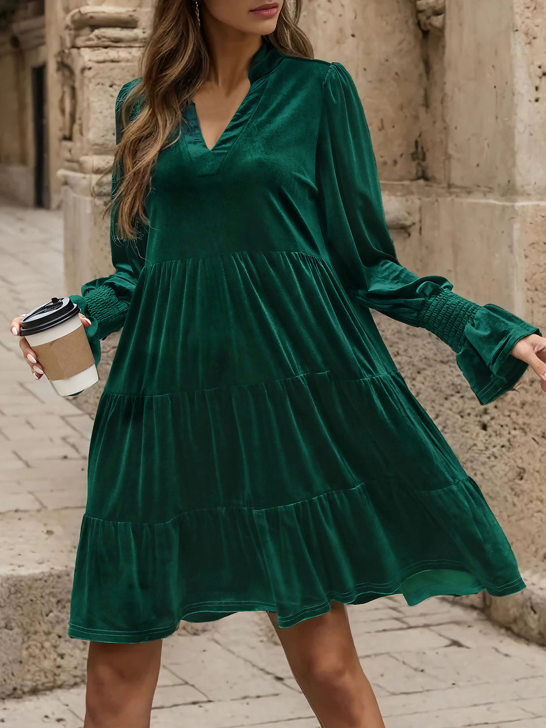 Notched Long Sleeve Tiered Dress 