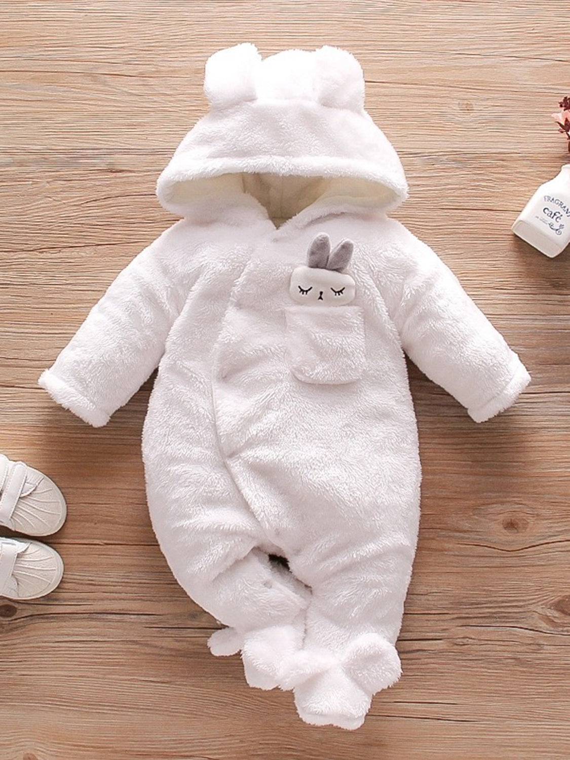 Rabbit Decor Long Sleeve Hooded Snapped Jumpsuit 