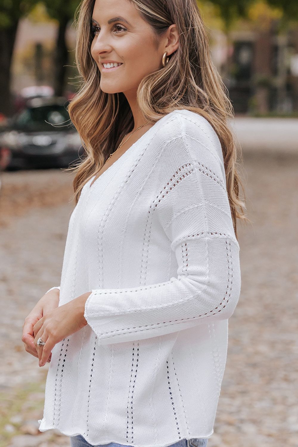 Openwork V-Neck Long Sleeve Knit Top 