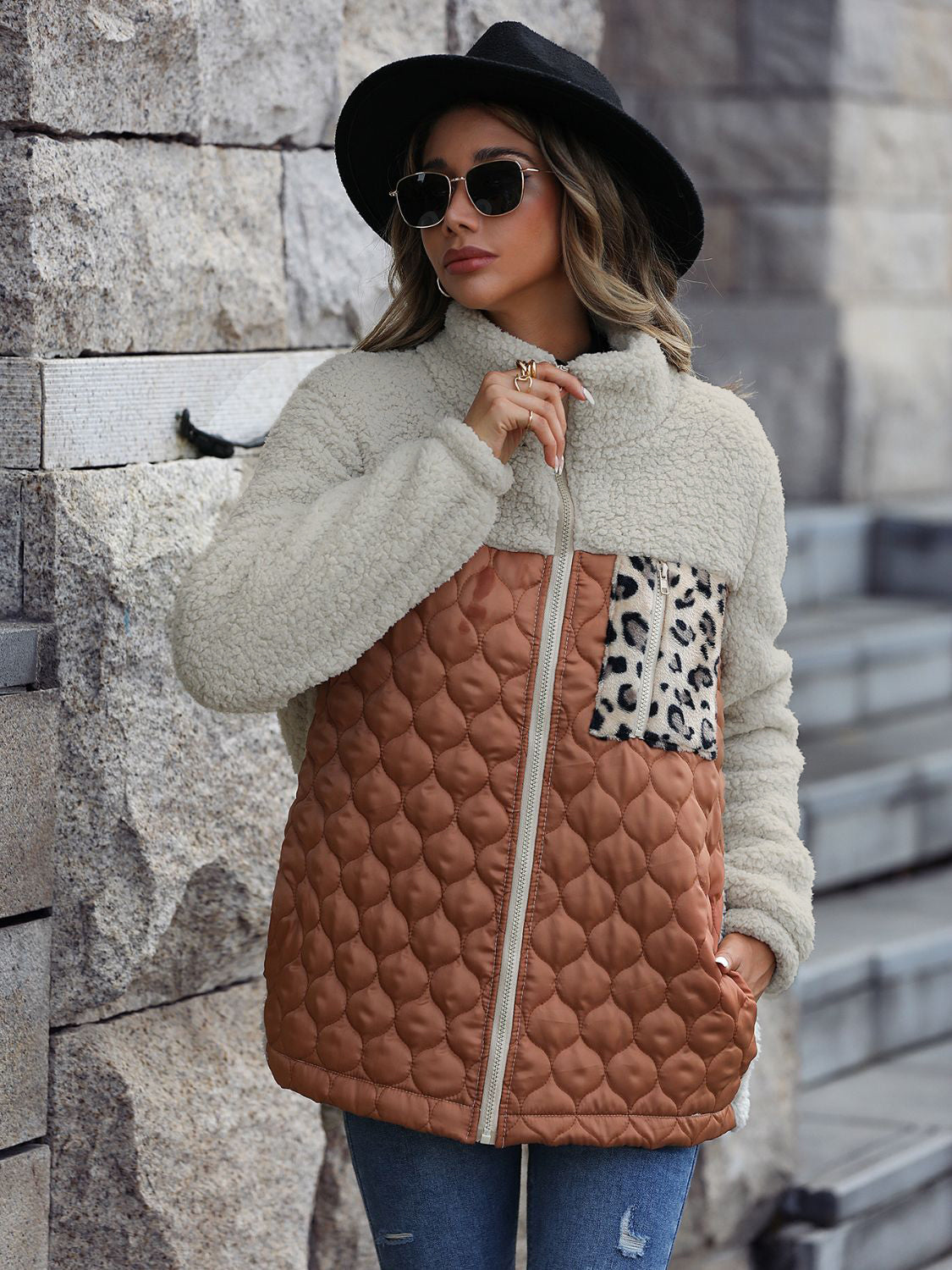 Leopard Color Block Zip-Up Jacket 