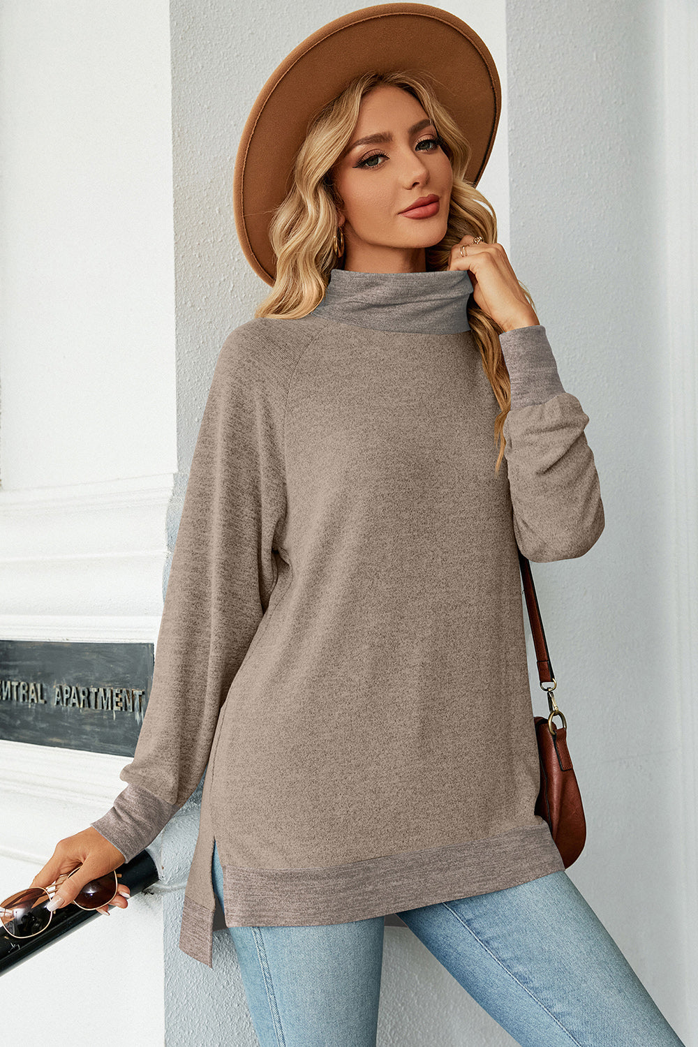 Slit Mock Neck Long Sleeve T-Shirt