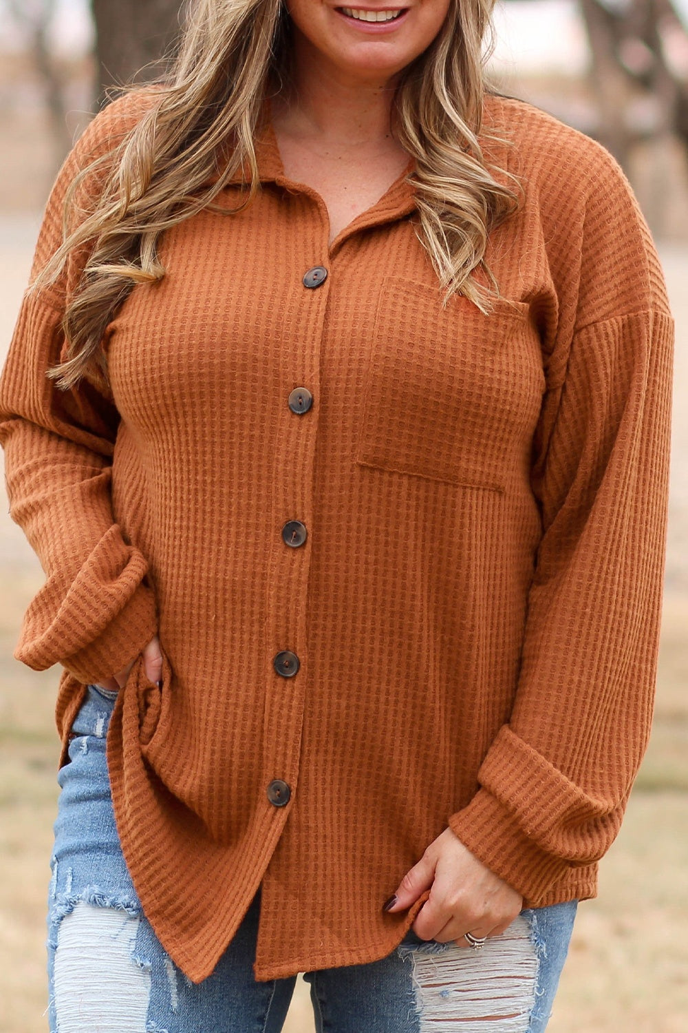 Plus Size Waffle-Knit Button Up Shirt 