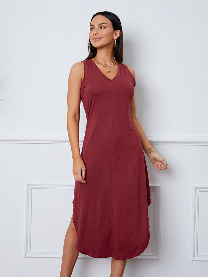 V-Neck Sleeveless Curved Hem Dress 