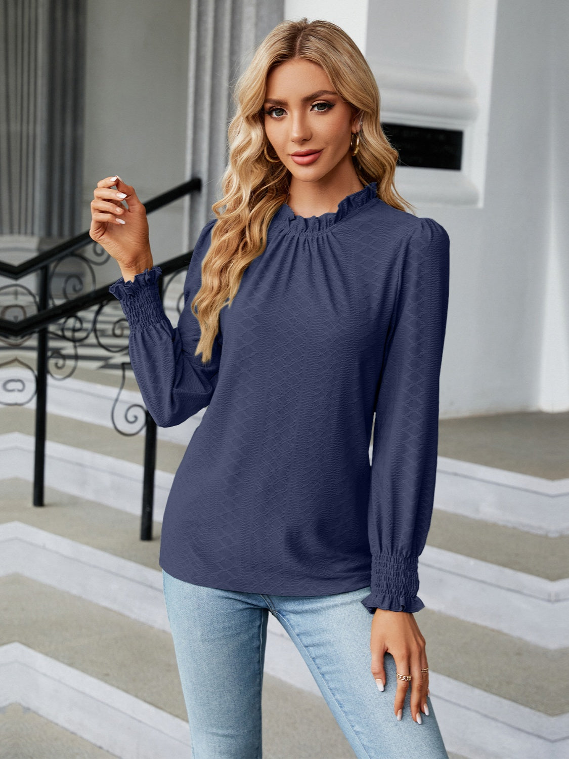 Frill Mock Neck Lantern Sleeve Blouse