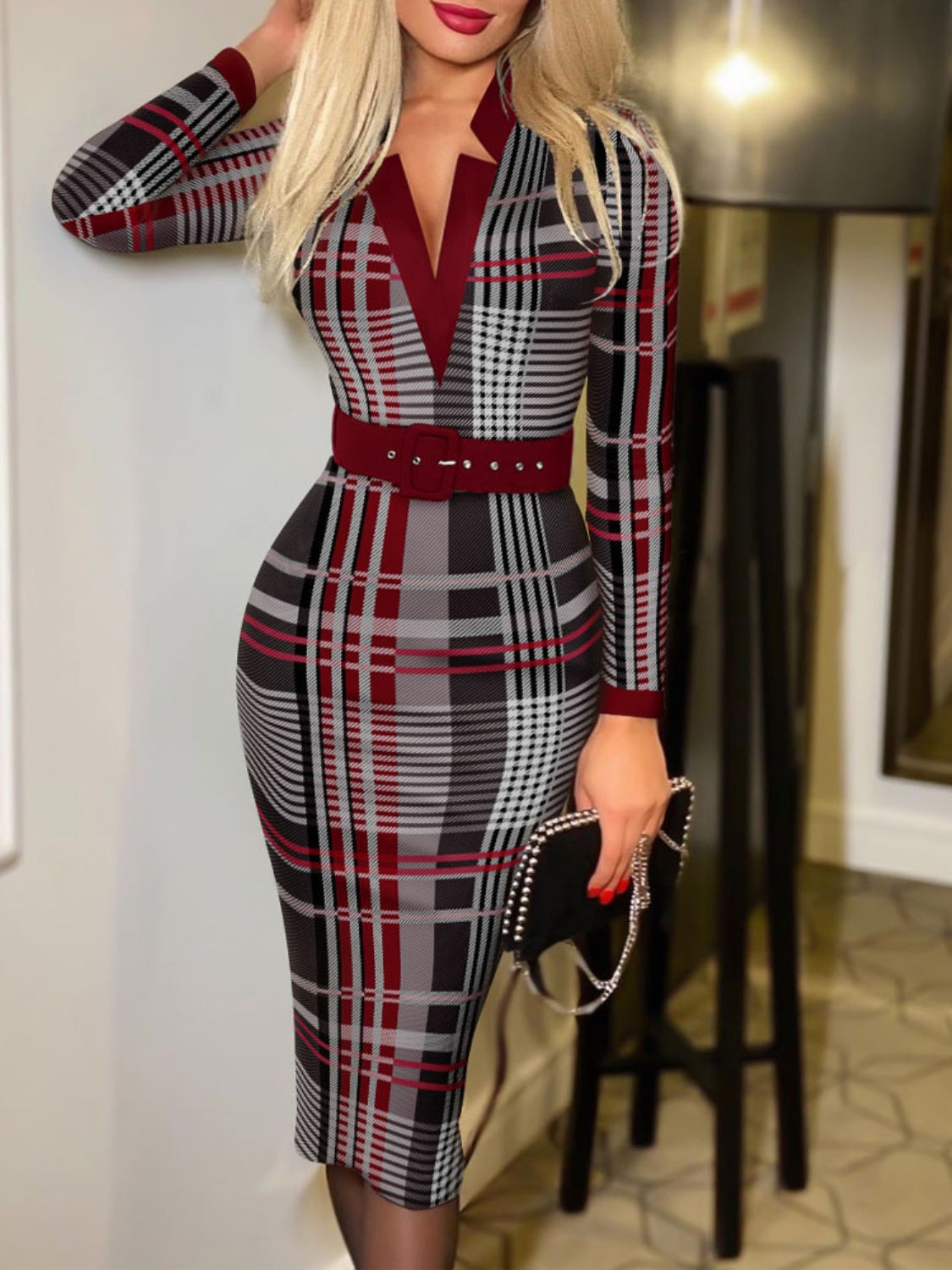 Printed Notched Long Sleeve Wrap Dress 