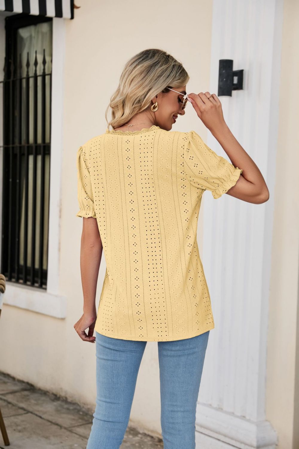 Eyelet Flounce Sleeve Scalloped V-Neck Top 