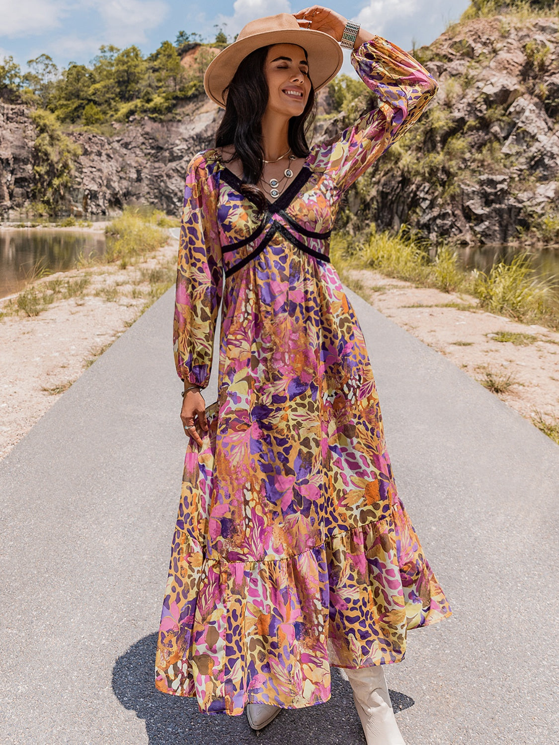 Printed V-Neck Long Sleeve Dress 