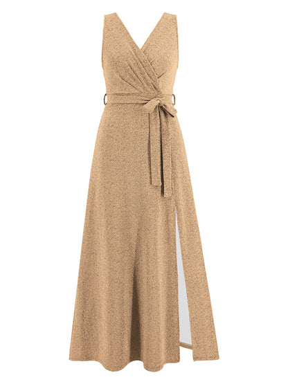 Slit Surplice Tie Waist Sleeveless Dress 