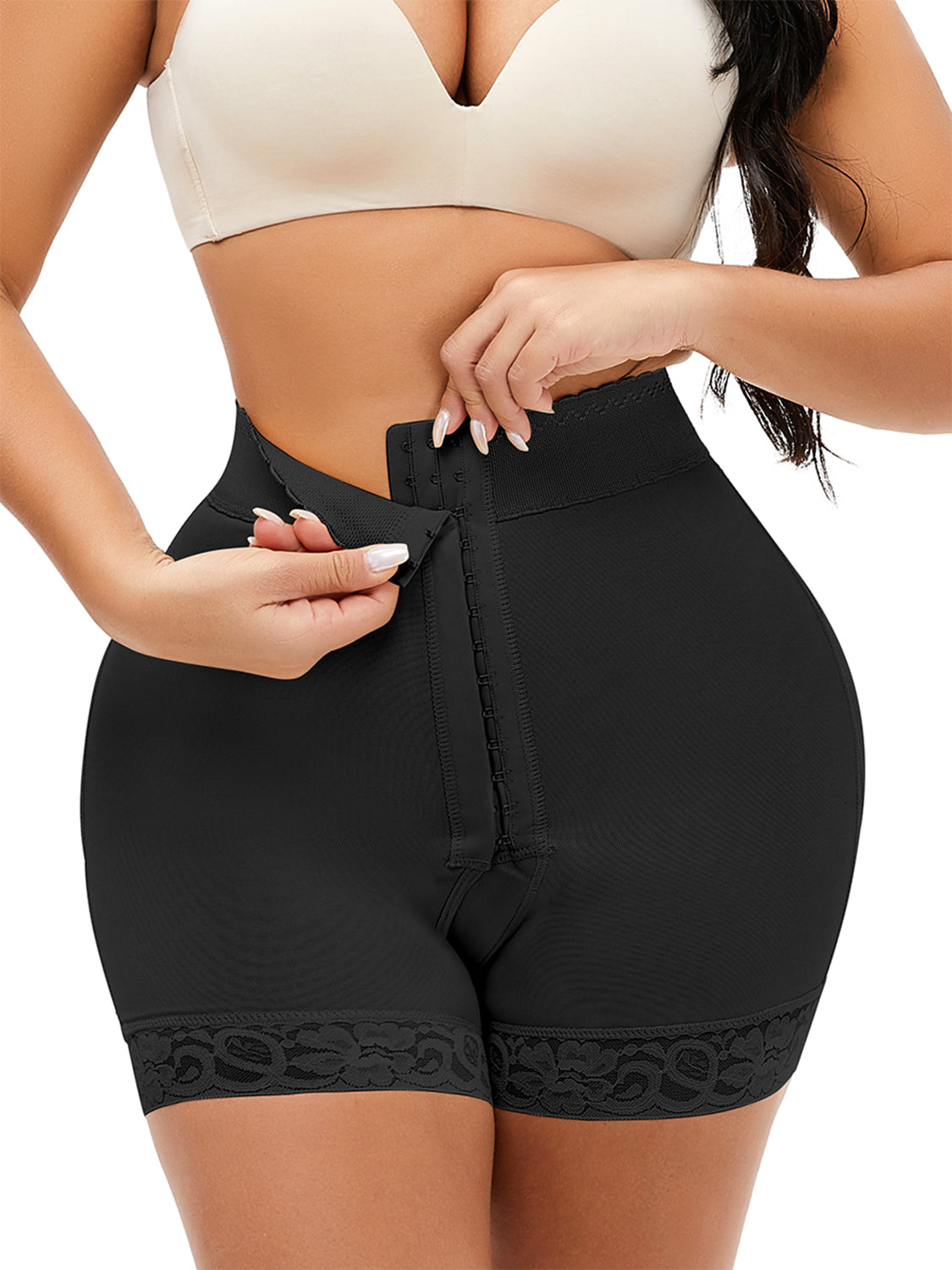 Full Size Lace Detail Hook-and-Eye Shaping Shorts 