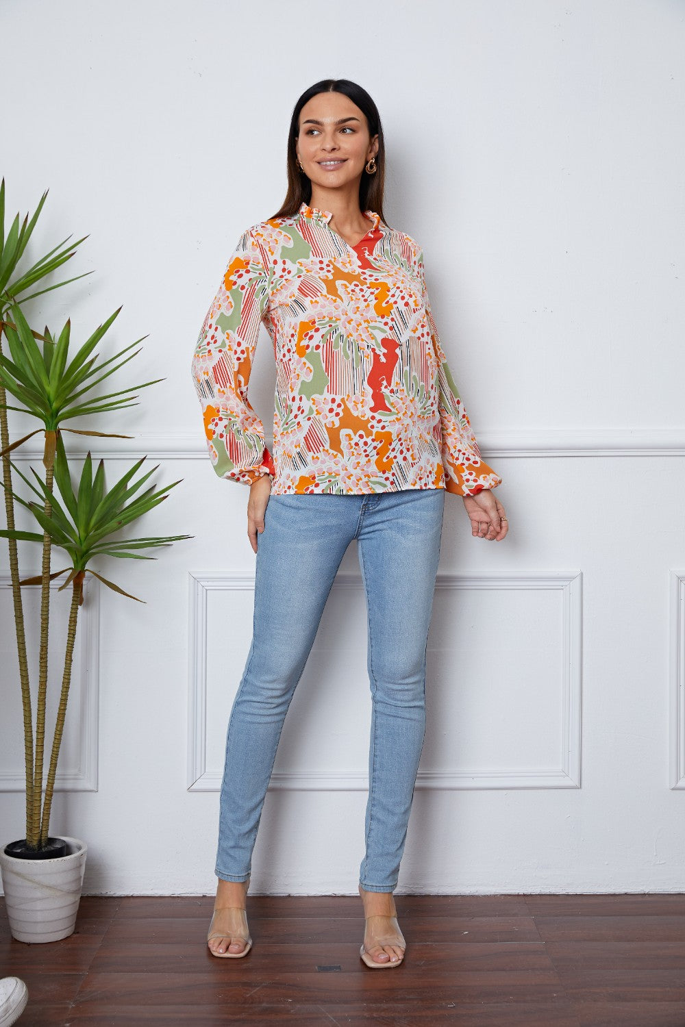 Floral Frill Notched Long Sleeve Blouse 