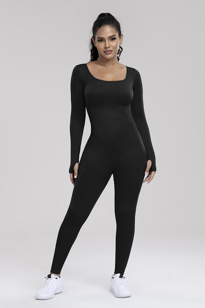 Square Neck Long Sleeve Active Jumpsuit 