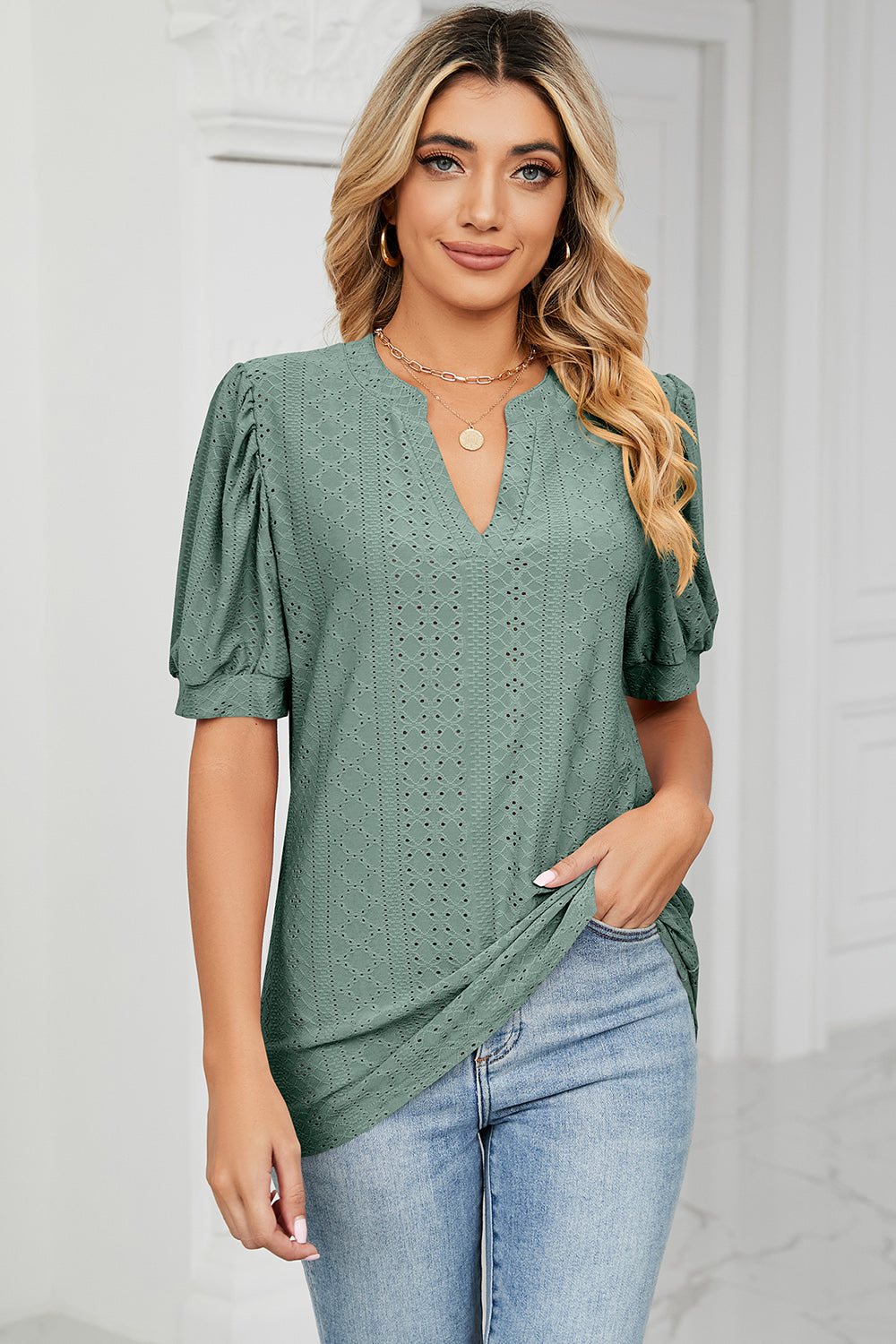 Eyelet Notched Short Sleeve T-Shirt