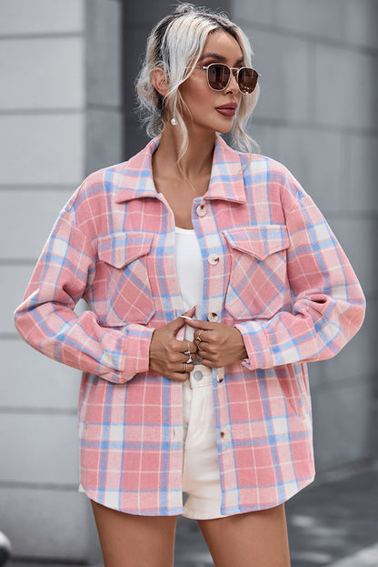 Plaid Pocketed Collared Neck Button Up Jacket 